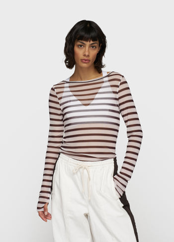 mesh long sleeve stripes | ecru/wine