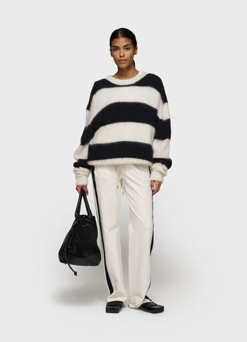 cropped hairy knit sweater stripes | ecru/black