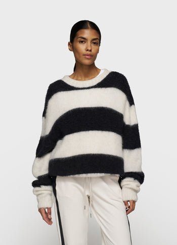 cropped hairy knit sweater stripes | ecru/black