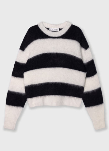 cropped hairy knit sweater stripes | ecru/black