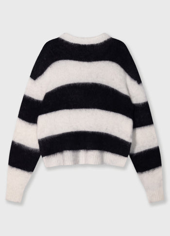 cropped hairy knit sweater stripes | ecru/black