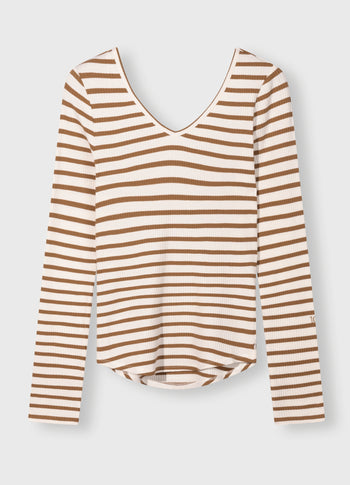 v-neck long sleeve top | ecru/suede