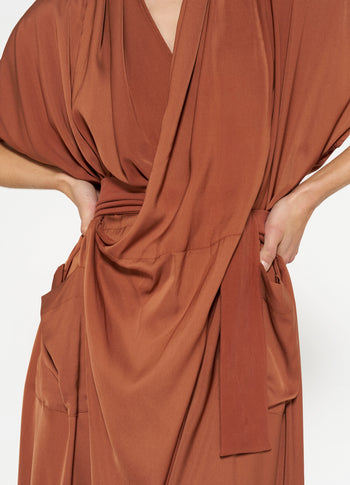 satin kimono dress | saddle brown