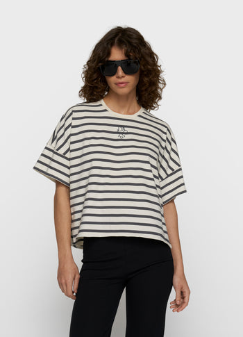 Weites T-Shirt mit Streifen | ecru/steel blue