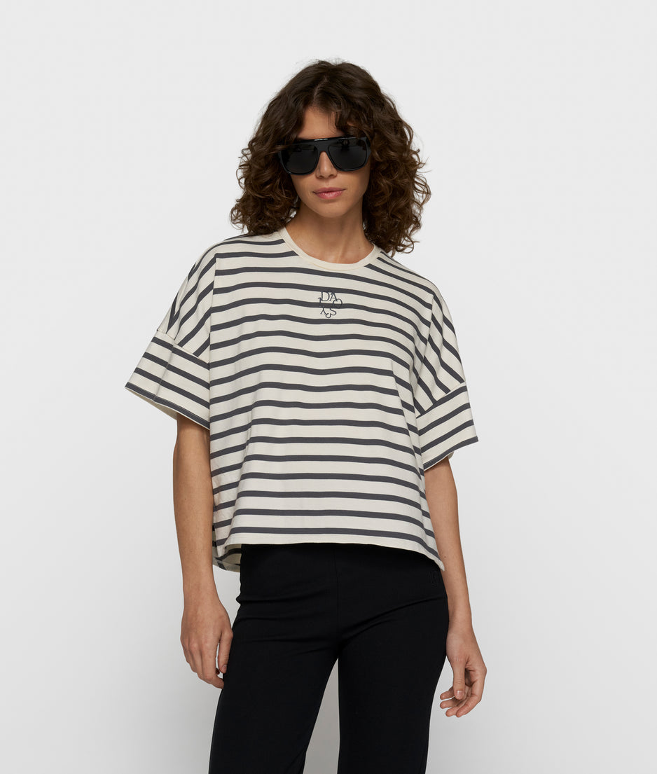 Weites T-Shirt mit Streifen | ecru/steel blue