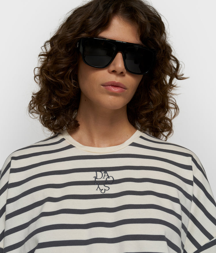 Weites T-Shirt mit Streifen | ecru/steel blue
