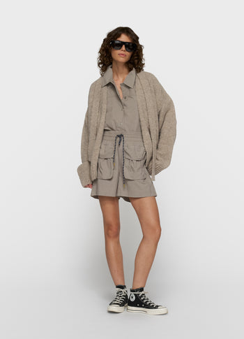 short belted knit cardigan | fog