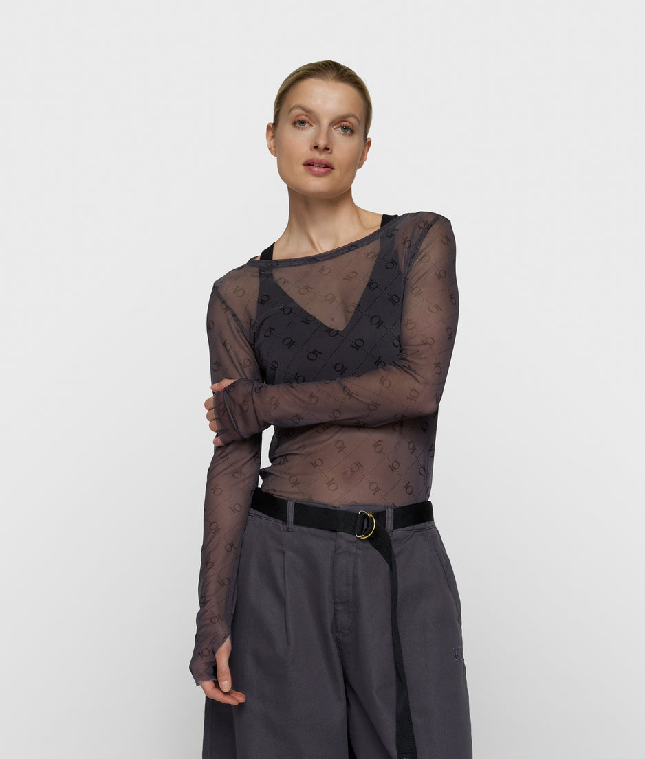Mesh-Langarmshirt Monogramm | steel blue