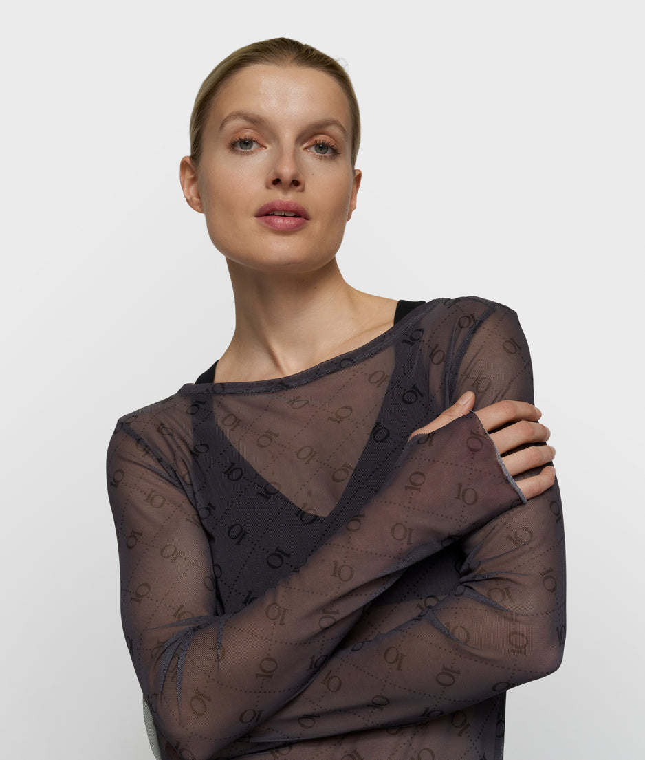 Mesh-Langarmshirt Monogramm | steel blue
