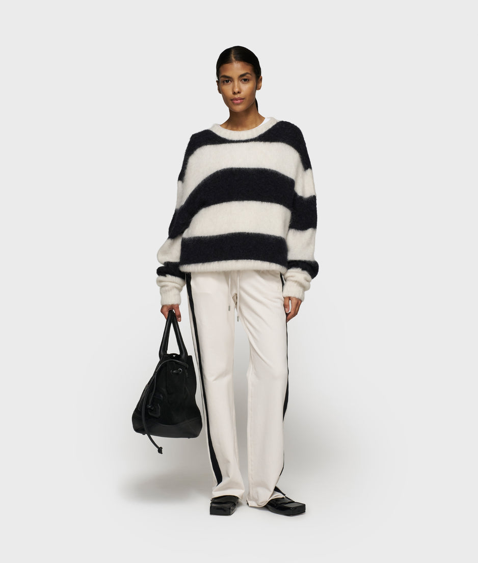 cropped hairy knit sweater stripes | ecru/black