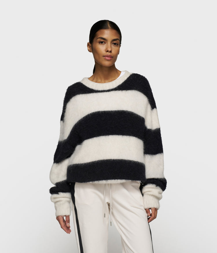 cropped hairy knit sweater stripes | ecru/black