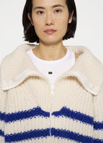 zip cardigan knit stripes | ecru/true blue