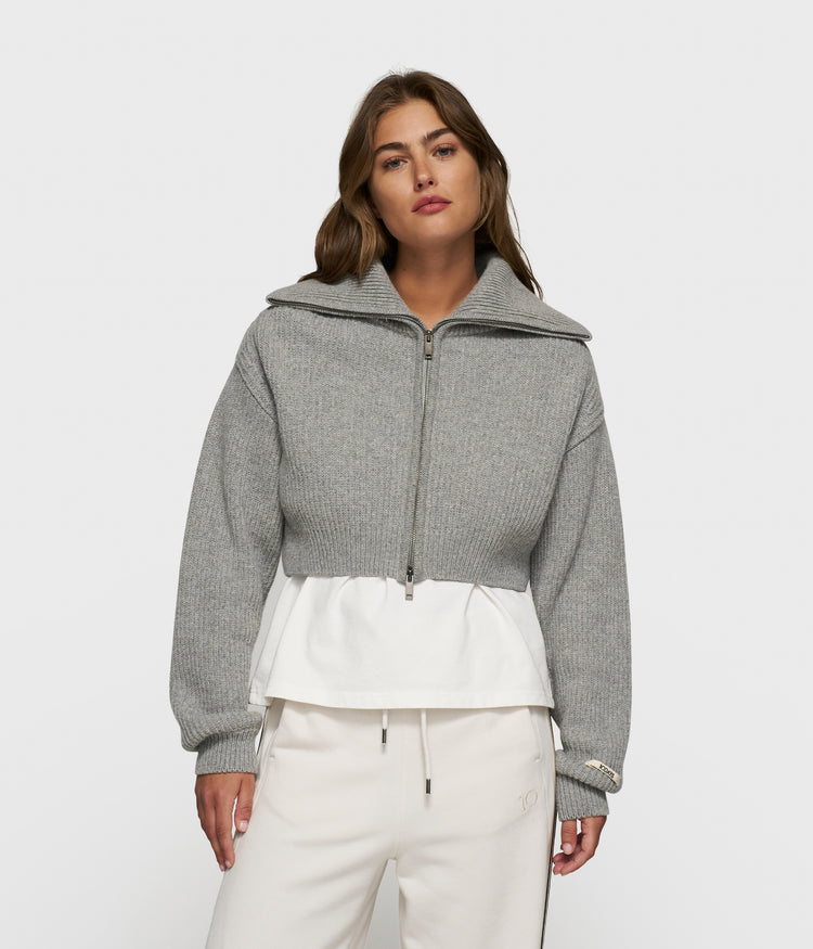 cropped knit zip jacket | light grey melee