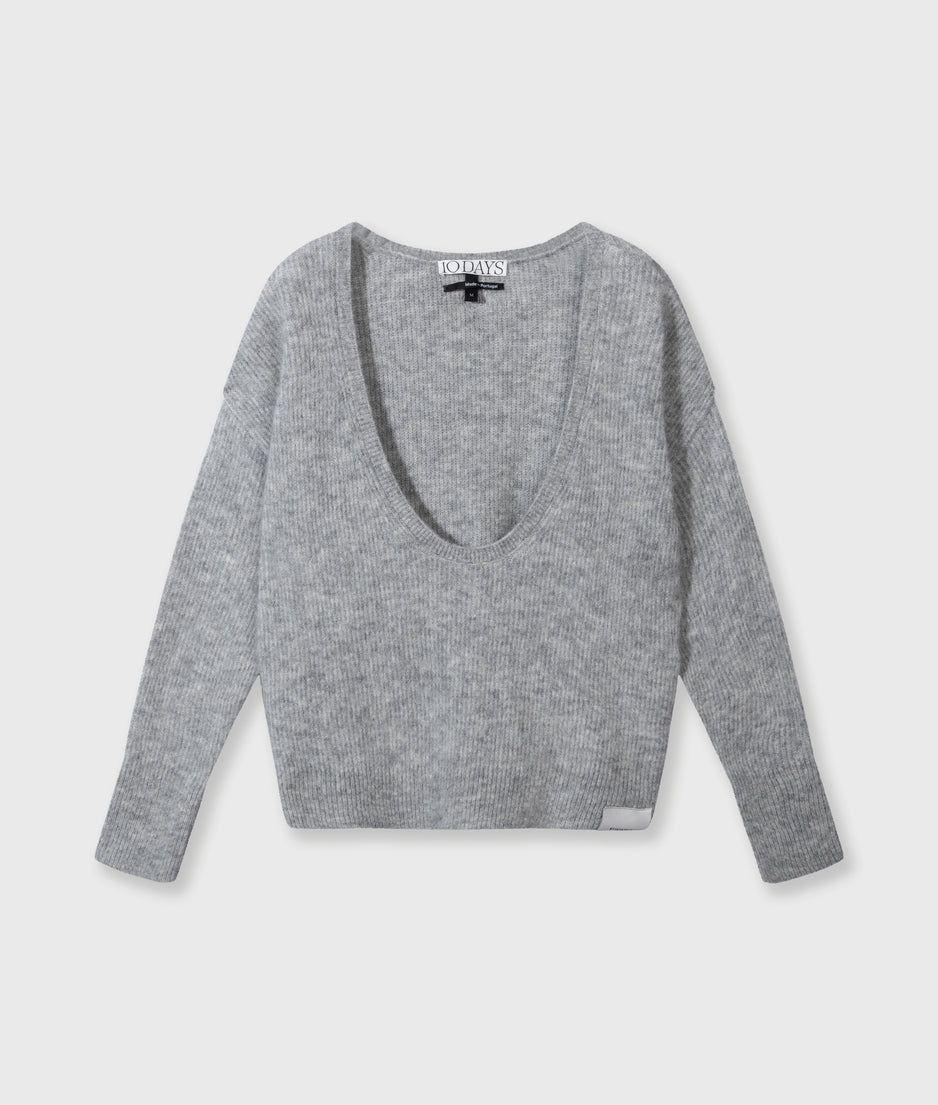 deep neck knit sweater | light grey melee