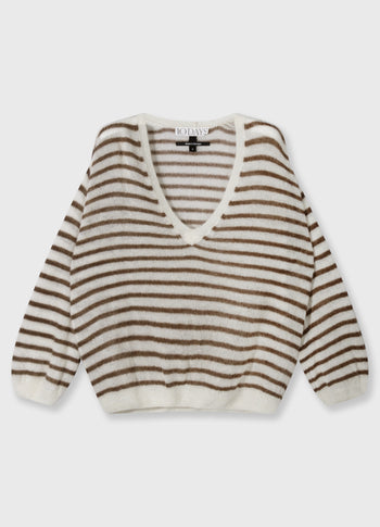 thin v-neck knit sweater | dark truffle/ecru