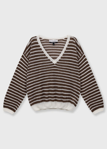 thin v-neck knit sweater | ecru/dark truffle