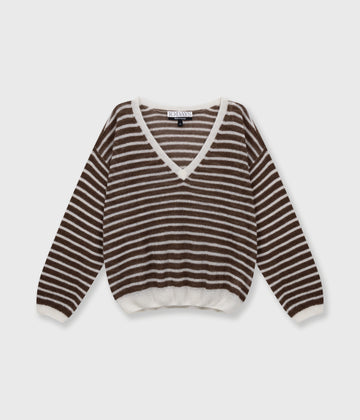 thin v-neck knit sweater | ecru/dark truffle