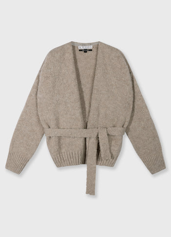 short belted knit cardigan | fog
