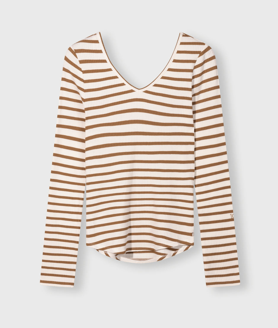 v-neck long sleeve top | ecru/suede