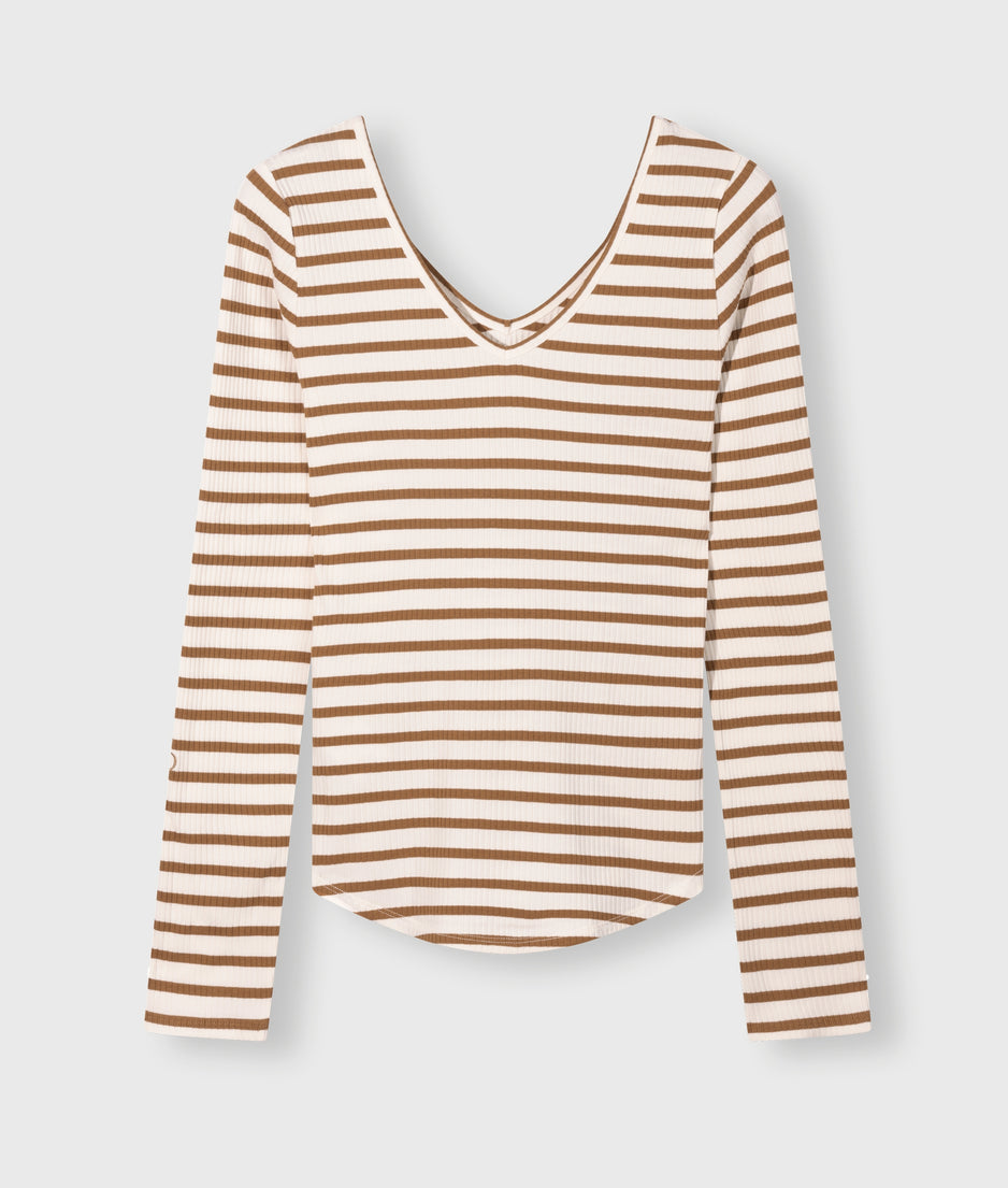 v-neck long sleeve top | ecru/suede