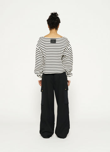 cropped boat neck sweater stripes | ecru/black