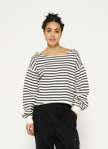 cropped boat neck sweater stripes | ecru/black