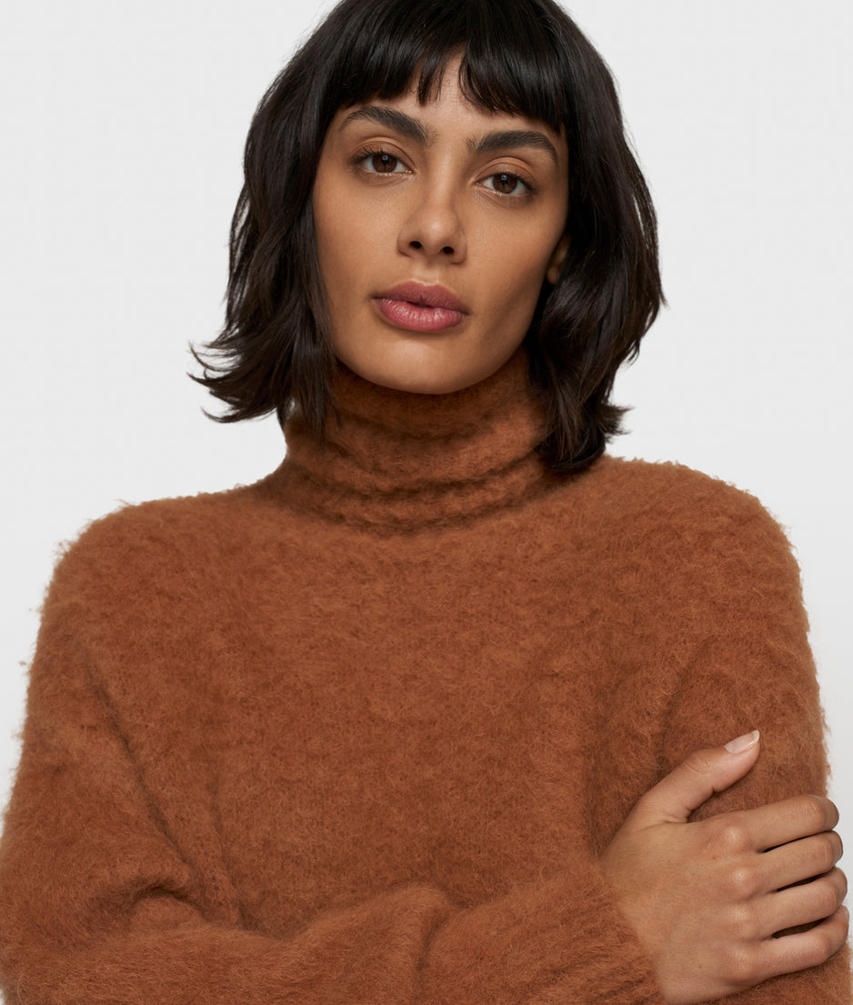 cropped knit turtleneck | suede