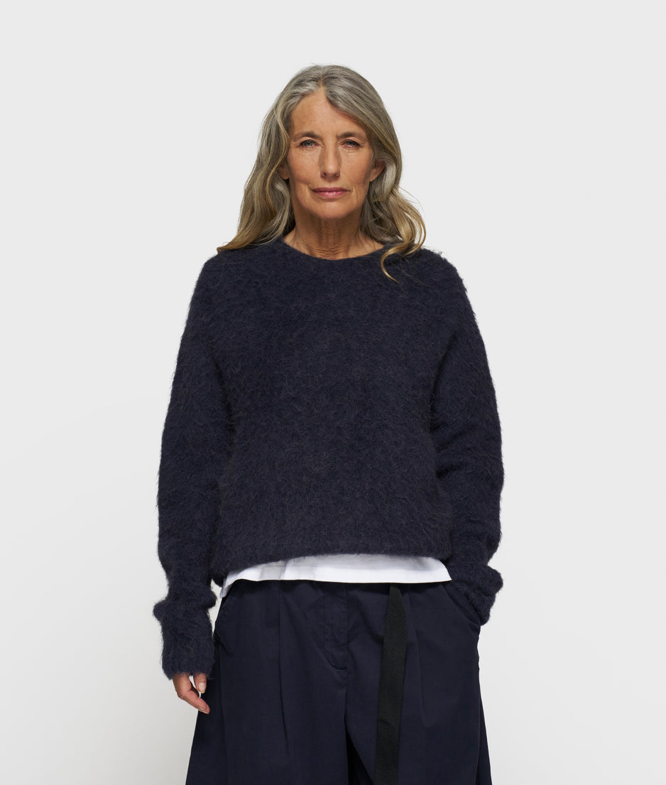 cropped hairy knit sweater | dark navy