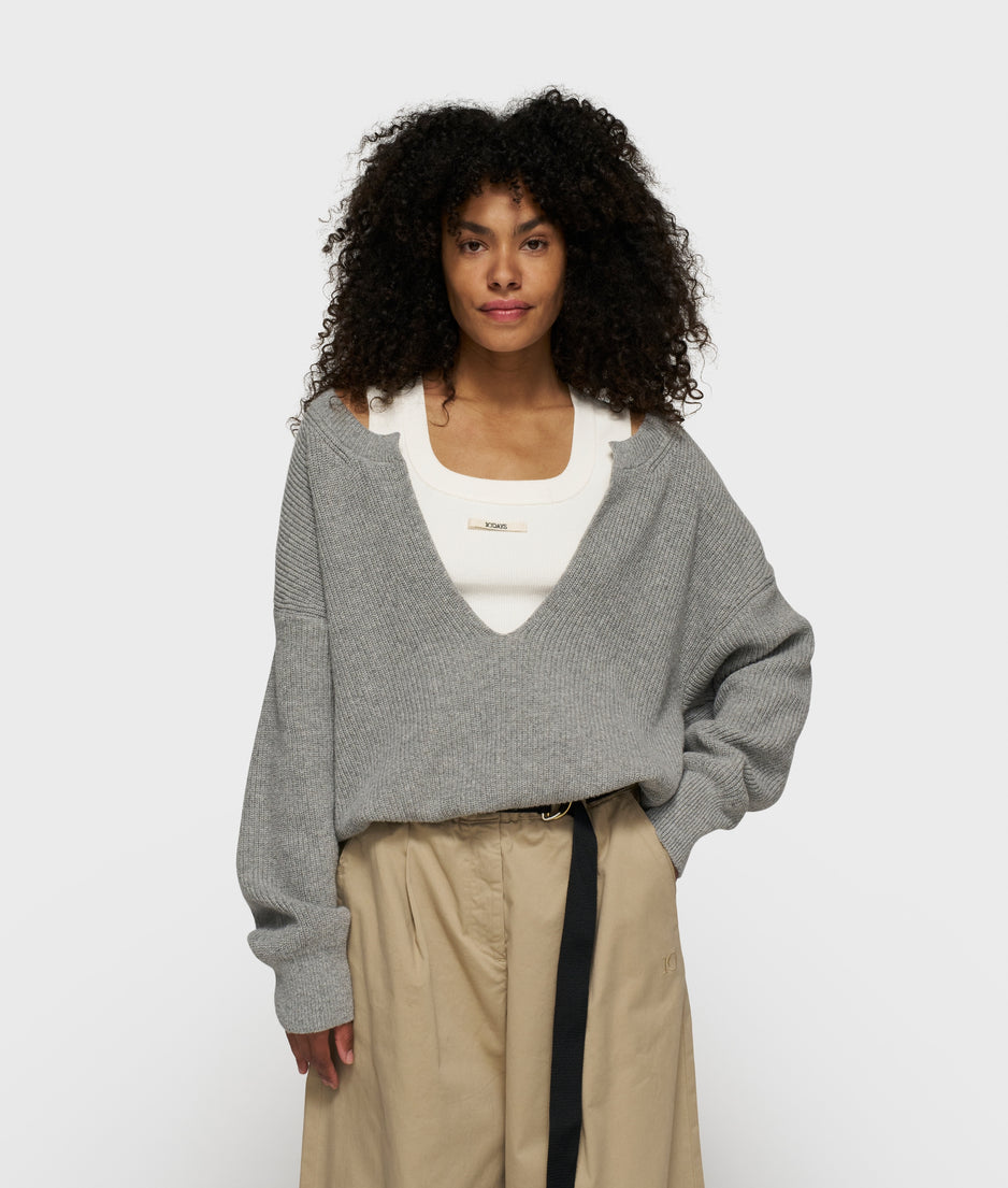 v-neck knit sweater cashmere | light grey melee