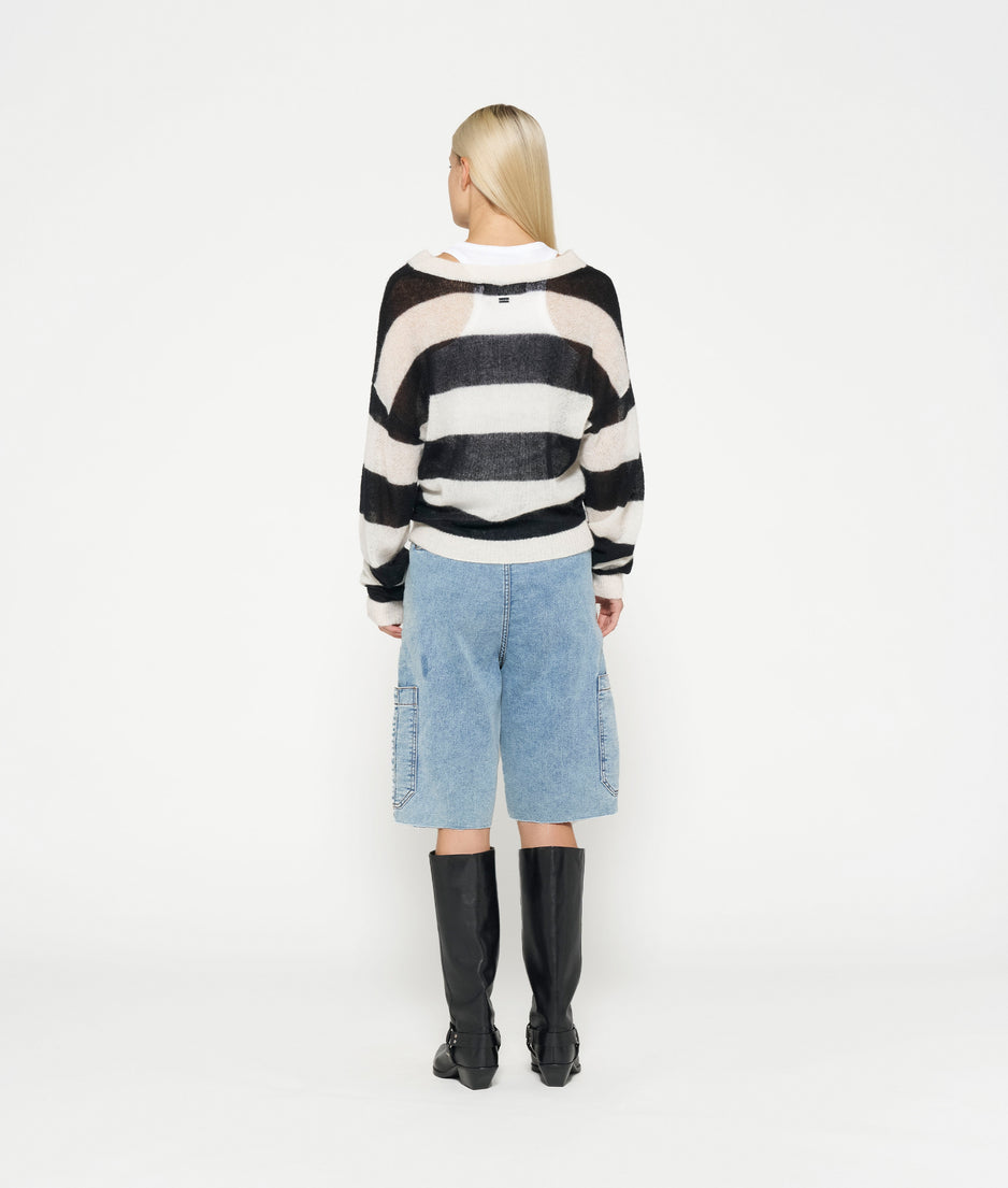 thin knit sweater block stripe | ecru/black