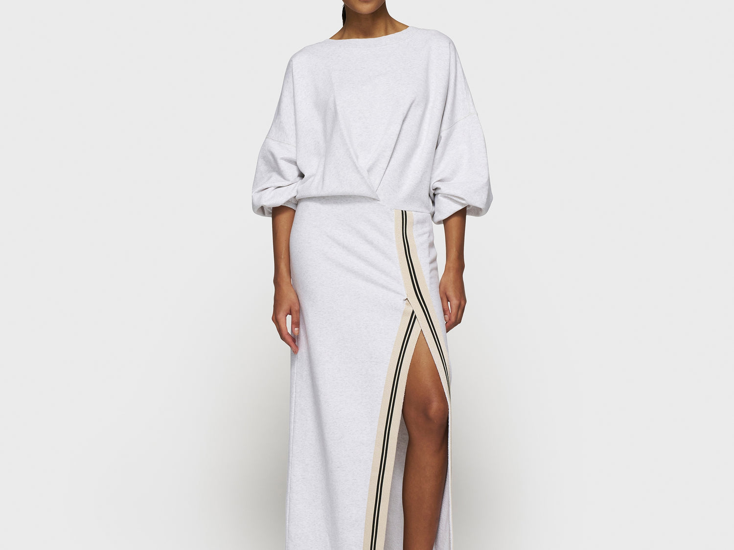 long wrap dress gathering | white grey melee