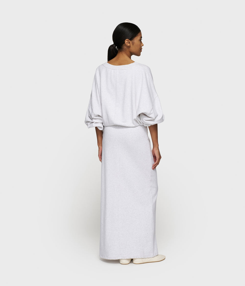 long wrap dress gathering | white grey melee