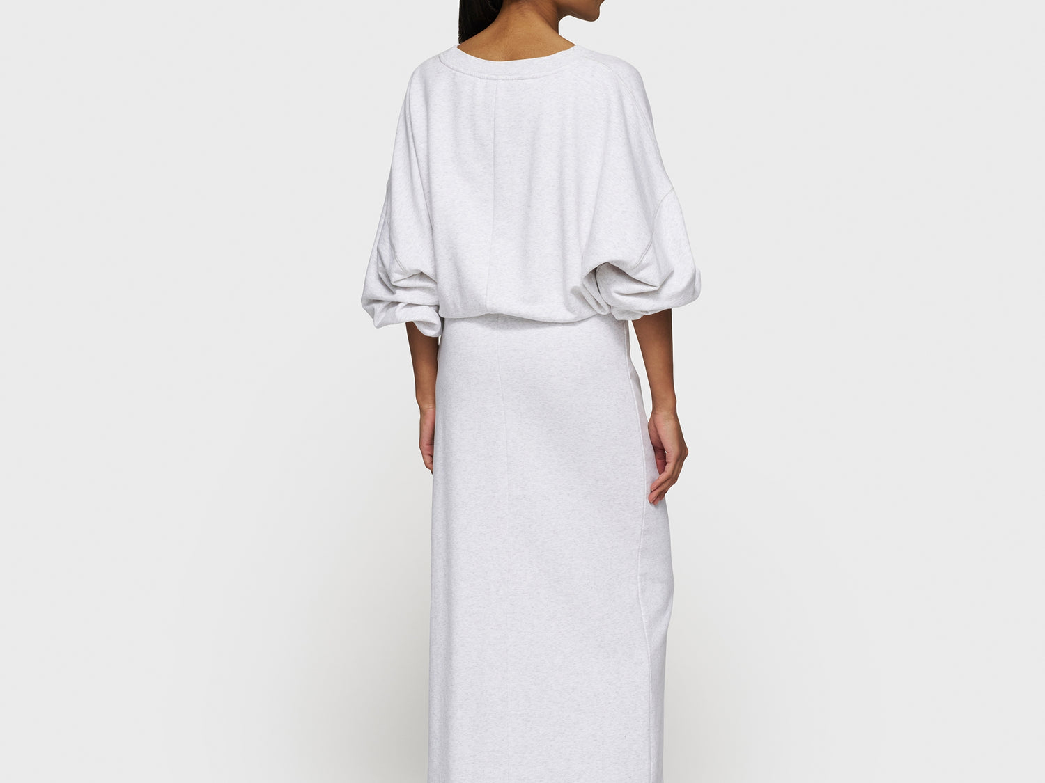 long wrap dress gathering | white grey melee