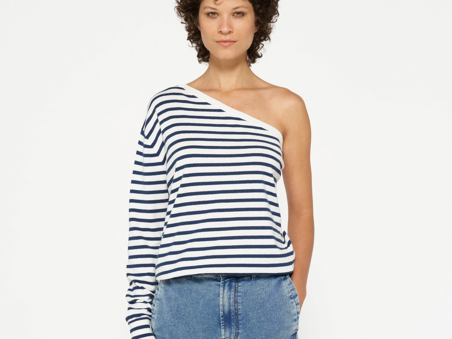 one shoulder knit top | ecru/night sky