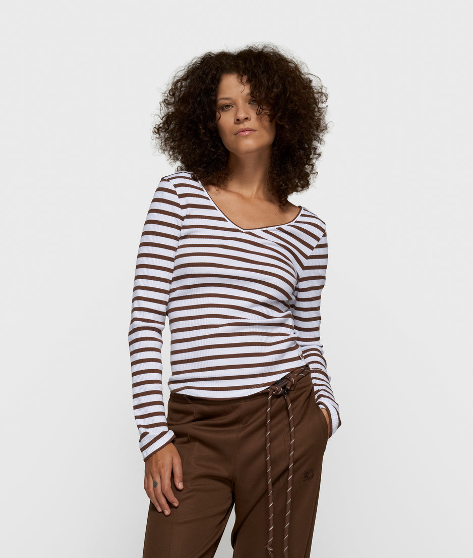 v-neck ballet top stripes | white/dark truffle