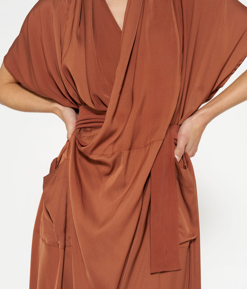 satin kimono dress | saddle brown