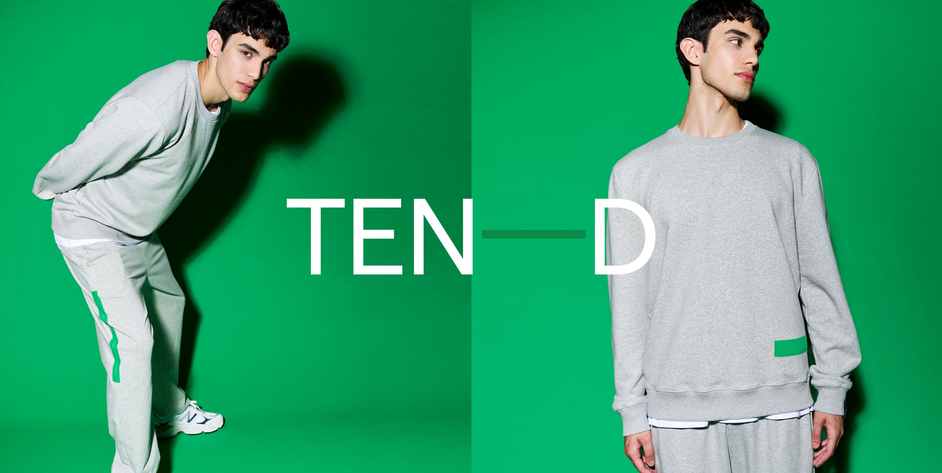 Man wearing the TEN-D FOR HUMANS sweater and matching pants.