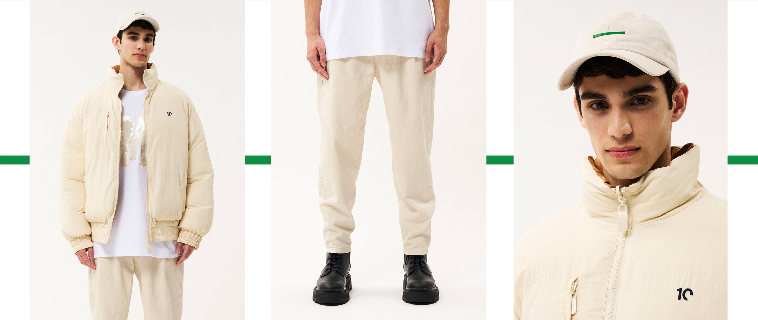 Man wearing the heavy HUMAN shirt with beige pants and ecru padded jacket.